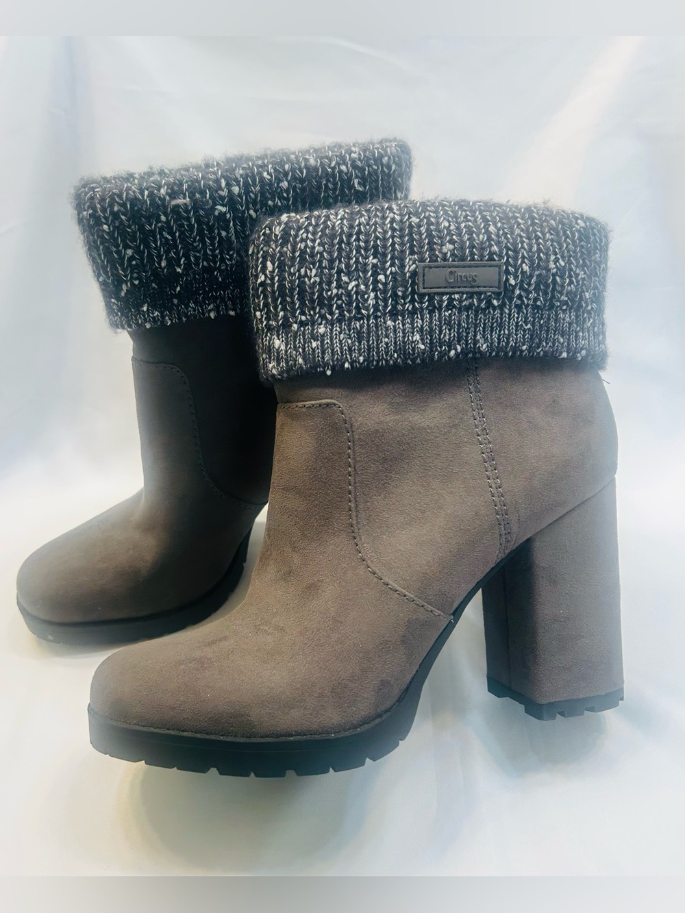 Circus by Sam Edelman Gray Suede Knit-Cuff Block Heel Ankle Boots
